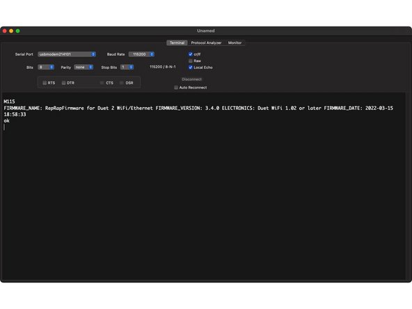 Um eine Netzwerkverbindung herzustellen, benötigen Sie ein Terminalprogramm welches über USB mit dem Duet Wifi kommunizieren kann. Wir empfehlen das Programm SerialTools (kostenlos zu erhalten im AppStore). Andere Programme wie z.B. Pronterface senden alle Buchstaben in Großschrift, bei Wifi-Einstellungen ist Groß- und Kleinschreibung zu beachten.