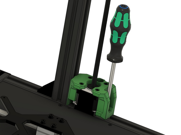 Schieben Sie den z-Schrittmotor vorsichtig in den z-Motorhalter und achten Sie darauf, dass die Kabel nicht eingeklemmt werden. Drücken Sie den z-Schrittmotor von unten hoch bis dieser einrastet.