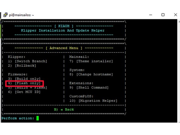 We now select point 4 (Flash only), confirm with Enter and select point 1 (Regular flashing method) in the following window.
