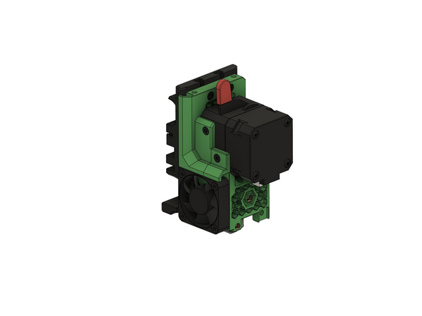 Setzen Sie den Extruder so auf den LGX-Halter, dass ((1) die Kabel zum Kanal und (2)) der Aufkleber auf dem Lüfter zum Inneren des Extruders zeigen.