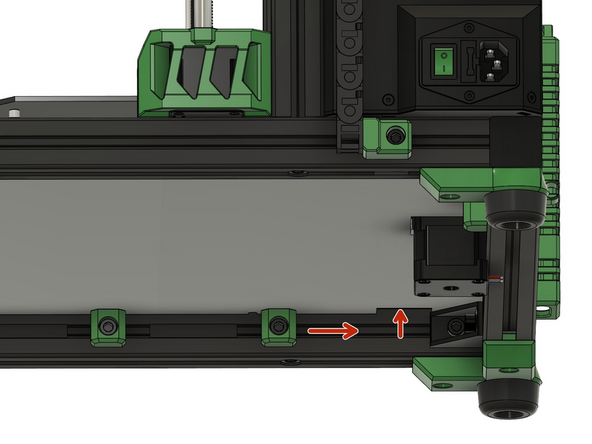 Führen Sie das Kabel des linken z-Schrittmotors und das Kabel des PanelDue durch das Loch in der Bodenplatte in die Duet Box.