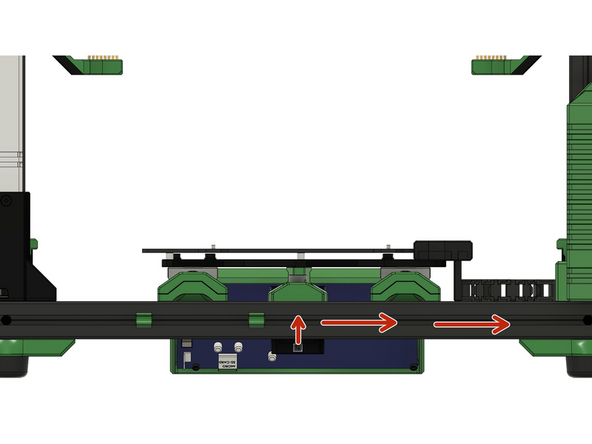 Drücken Sie auch das Kabel des y-Motors in den hinteren Schlitz des hinteren x-Aluprofils und legen Sie das Kabel bis zur Duet Box.
