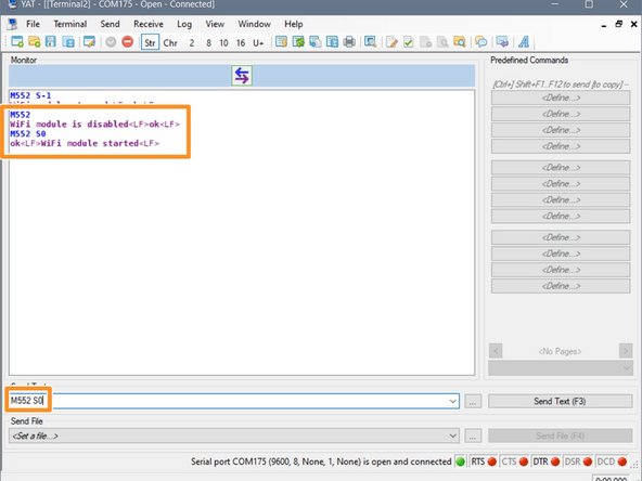Send M552 to check the status. It should say &quot;WiFi module is disabled&quot;. Now put it into idle mode by sending command M552 S0.