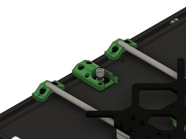 Platzieren Sie zur Ausrichtung das  y-Motorhalterung Kalibrierungswerkzeug (y back) zwischen der hinteren linken y-Wellenhalterung und der y-Motorhalterung.