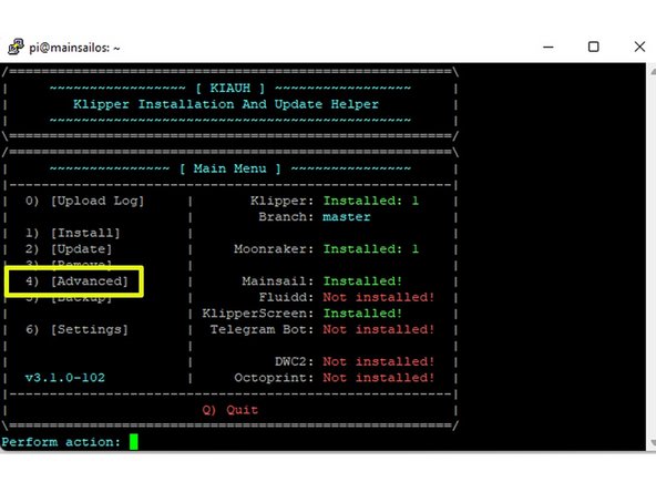 In KIAUH we open the ADVANCED section by entering 4 and Enter.