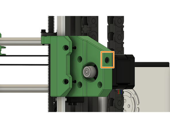 Fädeln sie den Riemen durch einen xy-Riemenspanner Einsatz und sichern Sie diesem mithilfe einer M3 Unterlegscheibe und einer M3x50mm Zylinderkopfschraube im u-Motorhalter.