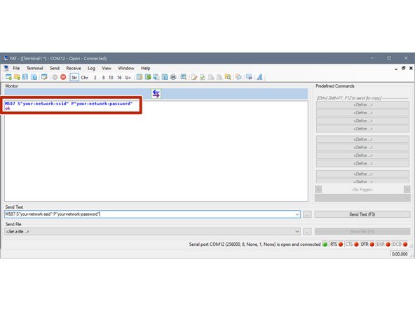 Zur Wifi Einrichtung verwenden wir den Befehl M587 . Die Platzhalter für SSID (Netzwerkname) und Passwort müssen durch die eigenen Werte (in Anführunsgzeichen) ersetzt werden.