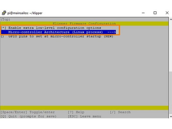 Es öffnet sich ein Konfigurationsfenster wo wir Enable extra low-level und MicroController Architecture  (Linux process ) aktivieren. Wir speichern via &quot;Quit&quot;.