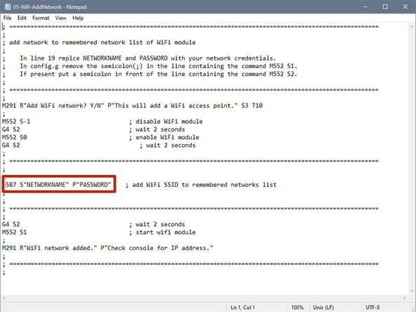 Now you need to enter both the name of your WiFi network and the password. Do not change anything else. If you remove the quotation marks, make sure you insert double quotation marks by pressing the Shift 2 key on your keyboard.