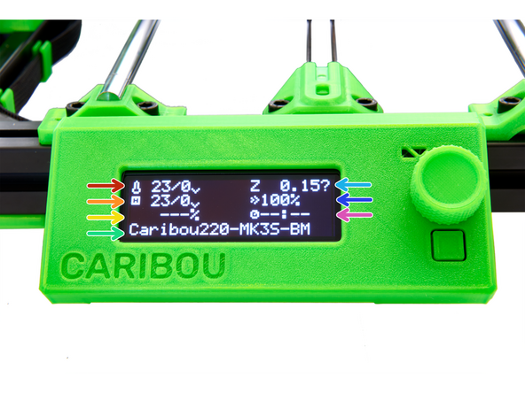 Sie sehen nun den Startbildschirm. Dieses zeigt die wichtigsten Informationen des 3D-Druckers an.