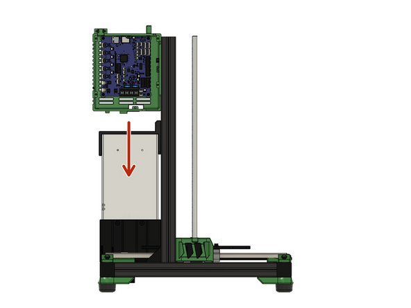 Die Duet Box wird auf der linken Seite des Druckers, mithilfe des eben angebrachten Nutensteins, befestigt. Dieser wird in den hinteren Schlitz der linken z-Achse geschoben.