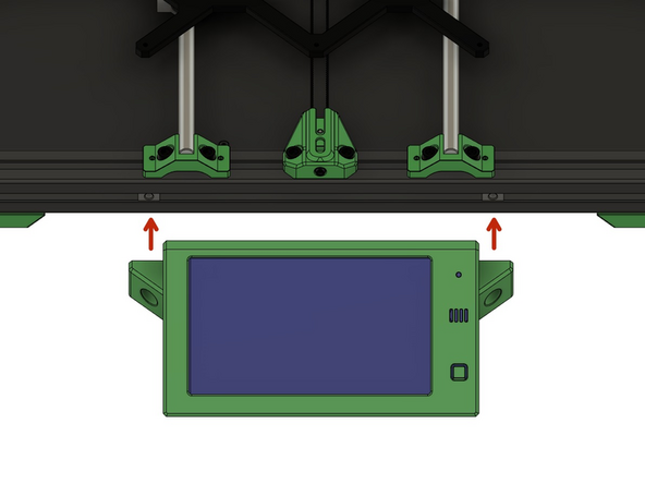 Stecken Sie die Abdeckung in das x-Profil, so dass die 2x Nutensteine, die sich im vorderen Schlitz des vorderen x-Profils befinden, mit den  Löchern in der PanelDue Abdeckung übereinstimmen.