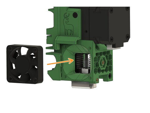 Setzen Sie den Extruder so auf den LGX-Halter, dass (1) die Kabel zum Kanal und (2) der Aufkleber auf dem Lüfter zum Inneren des Extruders zeigen.