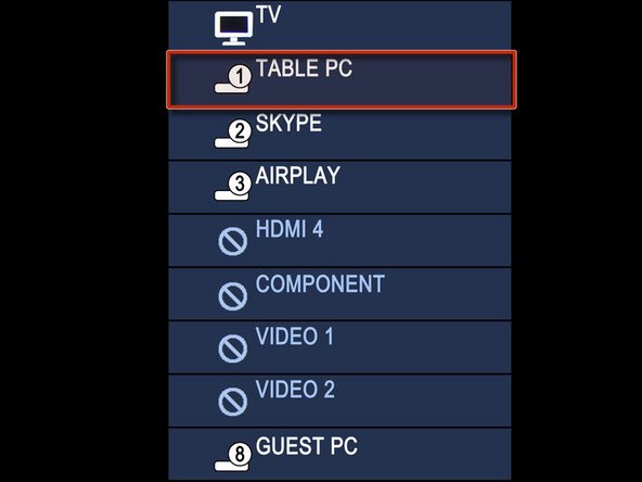 Press the INPUT button on the Sharp Aquos remote until you reach the TABLE PC input on the television.