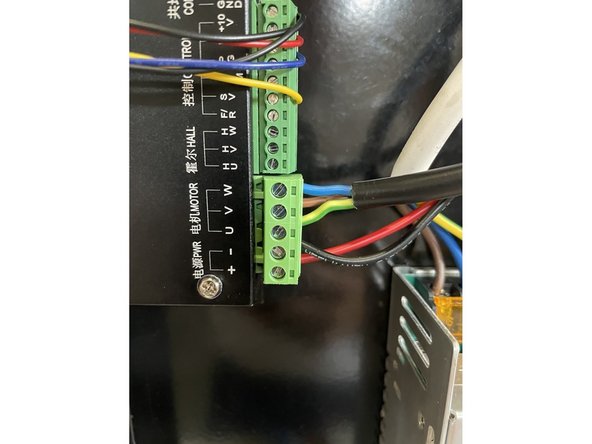 The blue wire goes to W. The brown wire goes to V. The green and yellow wire goes to U.