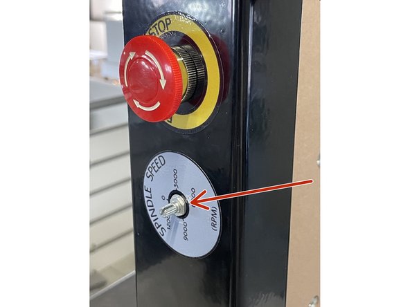 Remove the knob, nut and washer from the potentiometer connected to the speed control and mount it in the front panel next to the E-Stop button. Turn the potentiometer anti-clockwise till it stops and put the knob back with the line on zero.