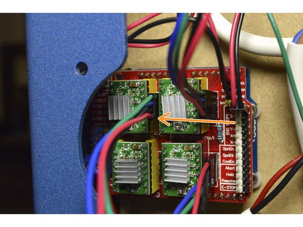 Connect the X-Motor to the controller board at the top left plug with the red cable to the bottom