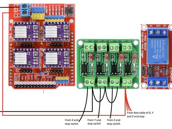 Connect the X, Y and Z end stop switch cables coming from the end stop switches to the green opto-isolator board as shown in the picture.  Each cable consist of a black and a red wire.