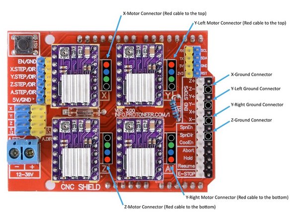 Connect the X-Motor connector to the X-Motor pins on the Arduino with the red wire to the top. Connect the X-Ground connector to the ground pin as shown in the picture.