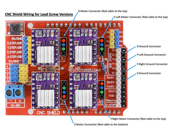 Connect the X-Motor connector to the X-Motor pins on the Arduino with the red wire to the top.  Connect the X-Ground connector to the ground pin as shown in the picture.