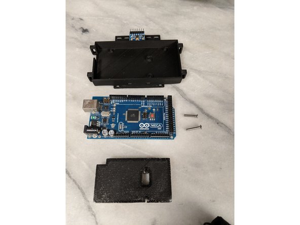 Here you will use the Arduino Base, Arduino Top prints and an Arduino Mega board.  You will also need 2 m3 x 16mm long countersunk screws and two M3 nuts.