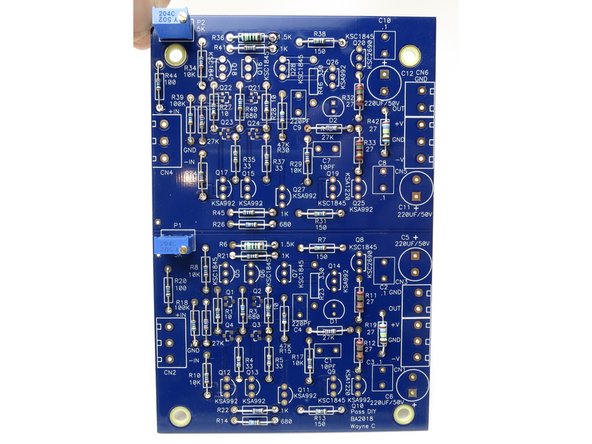 Please note that the PCB shown stuffed is setup for using the “big” output transistors, where R11,12, 32, 33 are 15ohm, and R23, 46 are omitted.