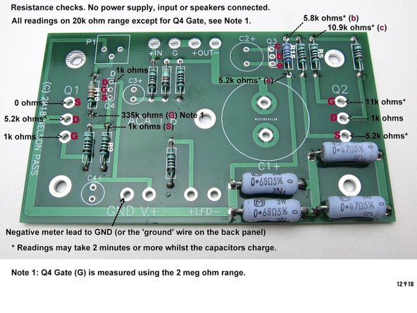 These annotated photos and schematic have some simple checks you can do with your Multimeter in case you have issues with your build.