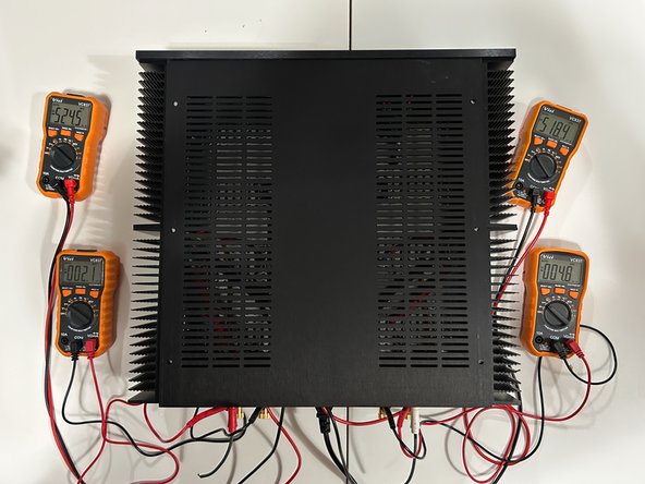 The goal of this step is to set the final bias and offset.  It is wonderful if you have 4, DMMs.  If not, it will just take you a little longer.  PLEASE DO NOT RUSH.  IT IS NOT RECOMMENDED TO MOVE PROBES BETWEEN CHANNELS WITH THE AMPLIFIER UNDER POWER IN ORDER TO SAVE A LITTLE TIME.  IF YOU DON'T HAVE 4 DMMs, PLEASE DO ONE CHANNEL AT A TIME.