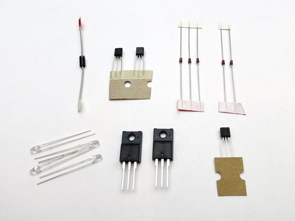 Top Row L to R  - P6KE56A (D1),  KSA708 (Q2 Q4),  1N5244B (D2 D5 D6),  1N4148 (D3 D4)