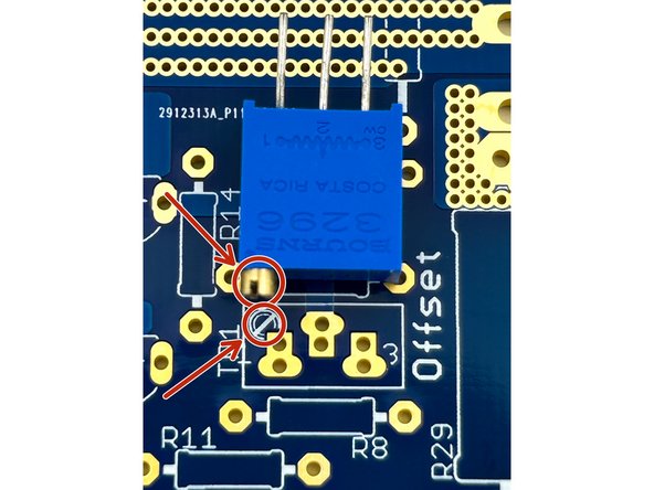 Photo 1 - The PCBs have a clear silhouette noting the proper placement of the potentiometers.  The adjustment screw should align with the image on the silkscreen.