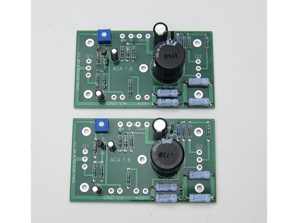 Complete stuffed PCB shown here. Note transistor and capacitor alignment.