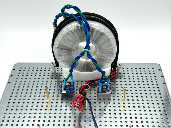 Photo 1 - The transformer is mounted, and the secondaries are connected to the rectifier / snubber boards.  Note AC wiring is tightly twisted.