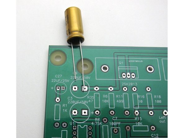 Remember that when using polarized capacitors to put the long lead (+) into the square pad.