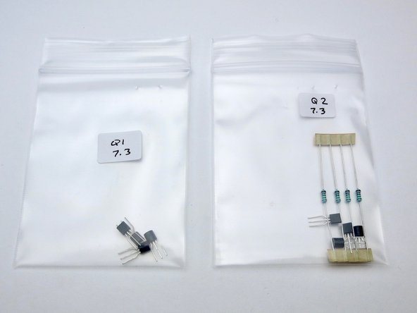 The PCB kit comes with two bags with 4 transistors in each (8 total),  and 4 resistors, don't mix them up, and don't lose the resistors, as they are selected for those specific transistors, in your kit.
