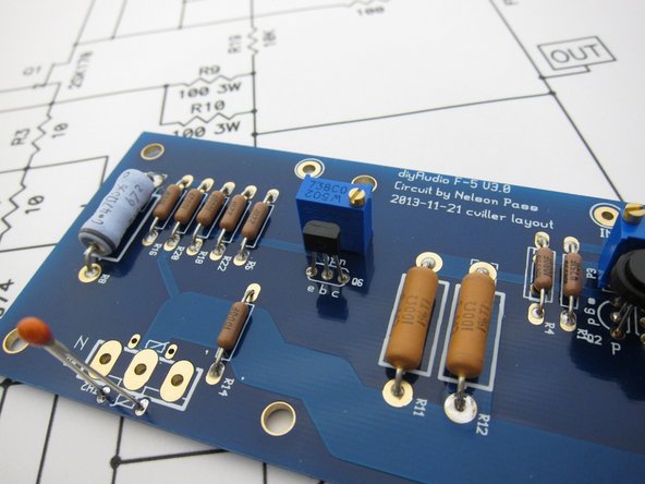 Install the 5K pot and the ZTX450 on this side (Q6). Note the orientation of the transistor. The potentiometer value is almost the same code as the resistors - 502 is 50+2 zeros , 5000 ohms