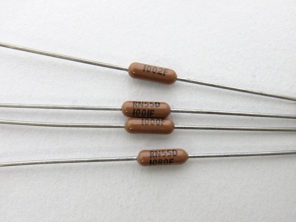 The Dale resistors have thier value printed on the side, the code is 3-digit + multiplier at values greater than 100ohm, and below 100ohm the &quot;R&quot; is the decimal. So, from top to bottom you see  10K (100+2 zeros, 10000ohm) 1K (100+1 zero, 1000ohm) 100 ohm (100+0 zeros, 100ohm) 10.0 ohm (10R0, 10.0 ohm)
