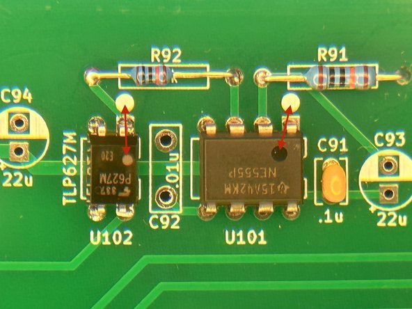 The orientation of U101 and U102 is critical! They are also more challenging to remove and correct if they are installed incorrectly. Please triple check the orientation before soldering.