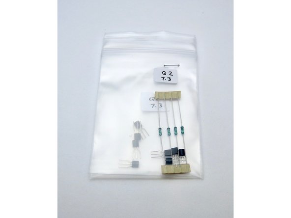 The PCB kit comes with two bags with 4 transistors in each (8 total),  and 4 resistors, don't mix them up, and don't lose the resistors, as they are selected for those specific transistors, in your kit.
