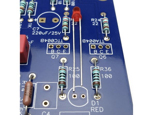 LED long leg (positive) in square hole. Cathode (negative) is short leg, and the flat on the silk.