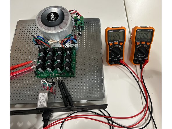 Connect the red probes to the V+ and V- pads for the right channel and repeat the process.