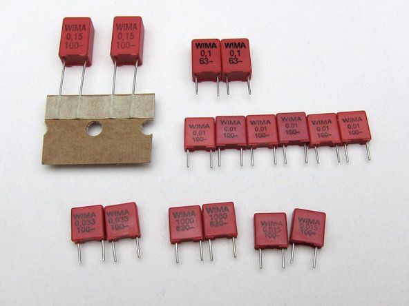 Signal capacitors are polypropylene. Note that the values are printed on the side in uF,  but the smallest is marked 1000pF, which is equal to 0.001uF