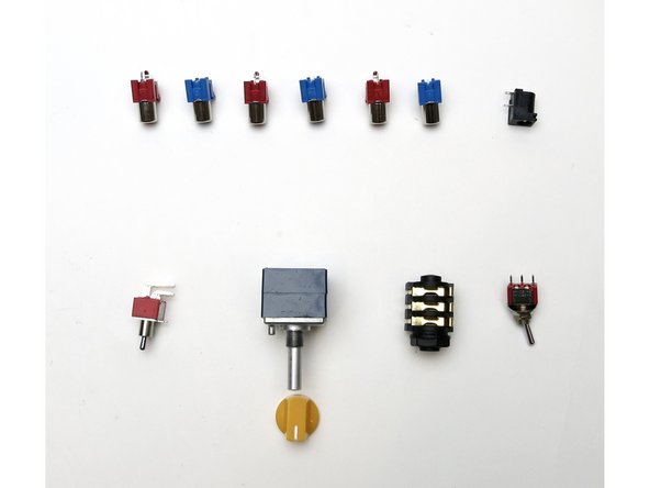 Photo 1 - Jacks, switches, and Potentiometer. (Red are incorrect style to fit PCB , this photo will be updated)