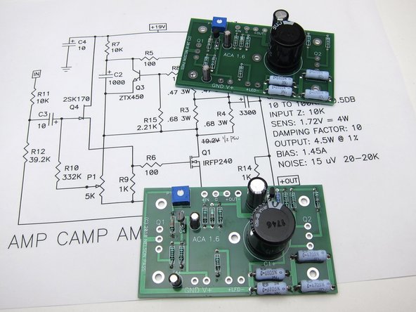Complete stuffed PCB shown here. Note transistor and capacitor alignment.