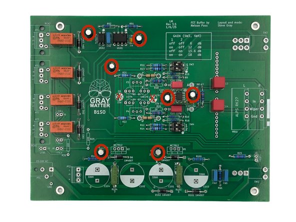 The photo in this step does not perfectly align with the parts shown installed. It is a little easier to install the small electrolytics, now particularly for clearance around U3. At this point, the socket for U3 should be installed, but U3 should not be installed.