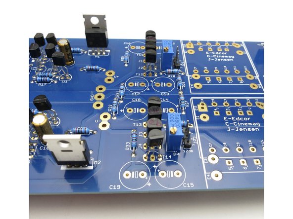 Photo 2 - When installing the transistors, be sure to reference the schematic.  There are a number of TO-92 package transistors.  Identify them and sort them properly.  Align the flat of the transistor with the flat drawn on the silkscreen.