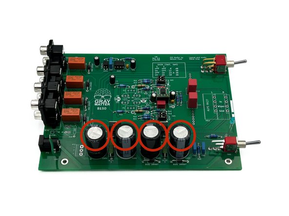 Be careful to observe proper polarity for electrolytic capacitors. The side with the wide stripe is the side with the ‘-‘ lead. The ‘-‘ lead itself is also indicated by its shorter length.