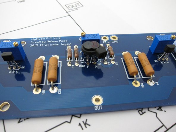 The 200ohm pot mounts in the center, and the Jfets install as shown. The K170 is the N-channel, the J74 is the P-channel.