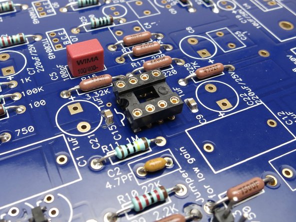 If using DIP op amps, insert the DIP socket as shown in Photo 1.  NOTE the &quot;notch&quot; shown on the PCB and on the socket.