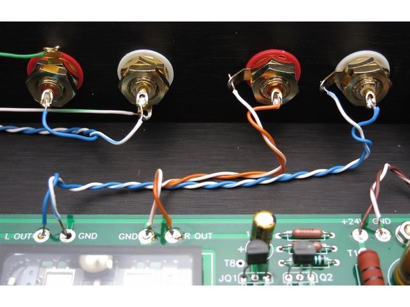 Photo 1 - Attach output RCAs as shown. We will use the same colors as the short leads from the pot board to the main PCB.