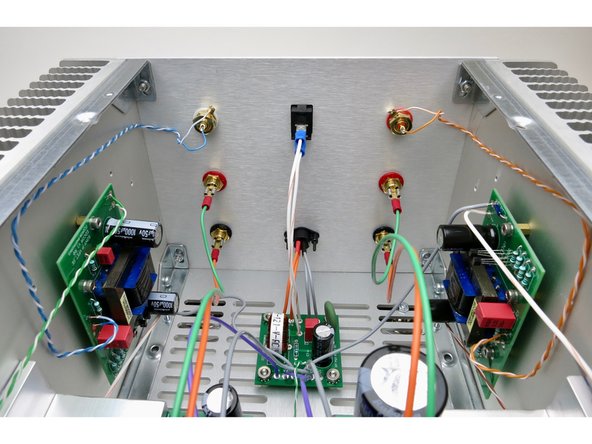 Back panel and bottom panel connections on completed amplifier.